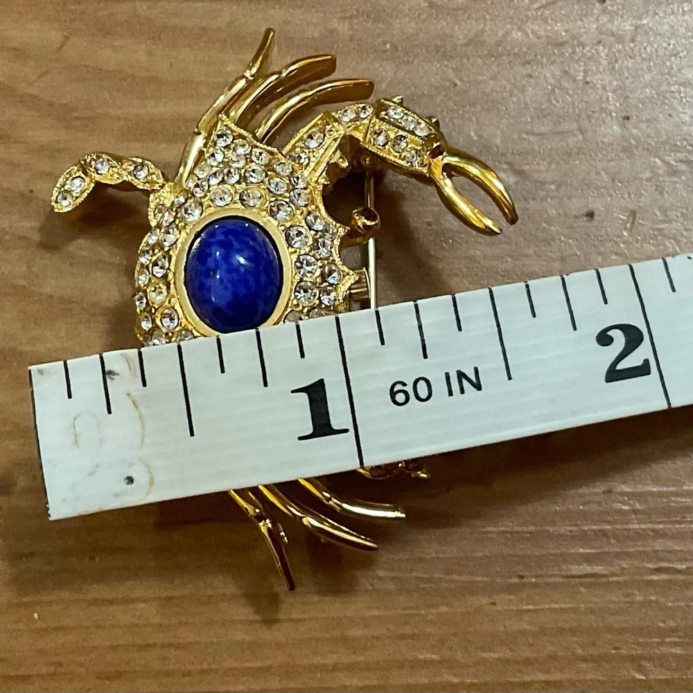 Kenneth Jay Lane: Crab blue Lapis gold/plated clear rhinestones watch brooch/pin